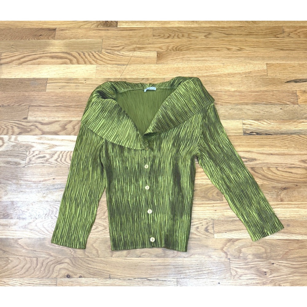 Jolie Mine Paris Olive Green Pleated Shawl Collar Button Front Top France